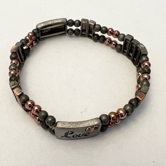 Two Vintage Bracelets Mixed Metal Inspirational Word Charm Beaded Elastic Cuffs - Picture 5 of 9